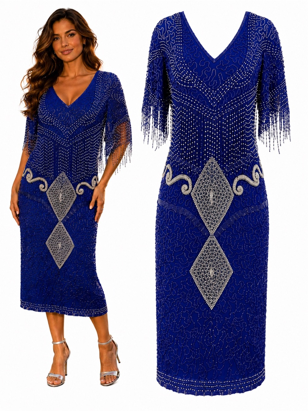 Vintage Fringe Sequin Beaded Gatsby Flapper Evening Formal MIDI 80s 90s Dress